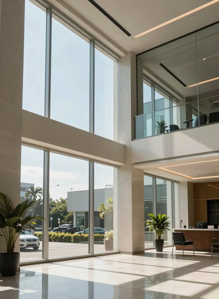 A sophisticated corporate lobby in a South American business center, sunlight streaming through floor-to-ceiling glass windows, featuring soft light blue and off-white tones, professional photography style.
