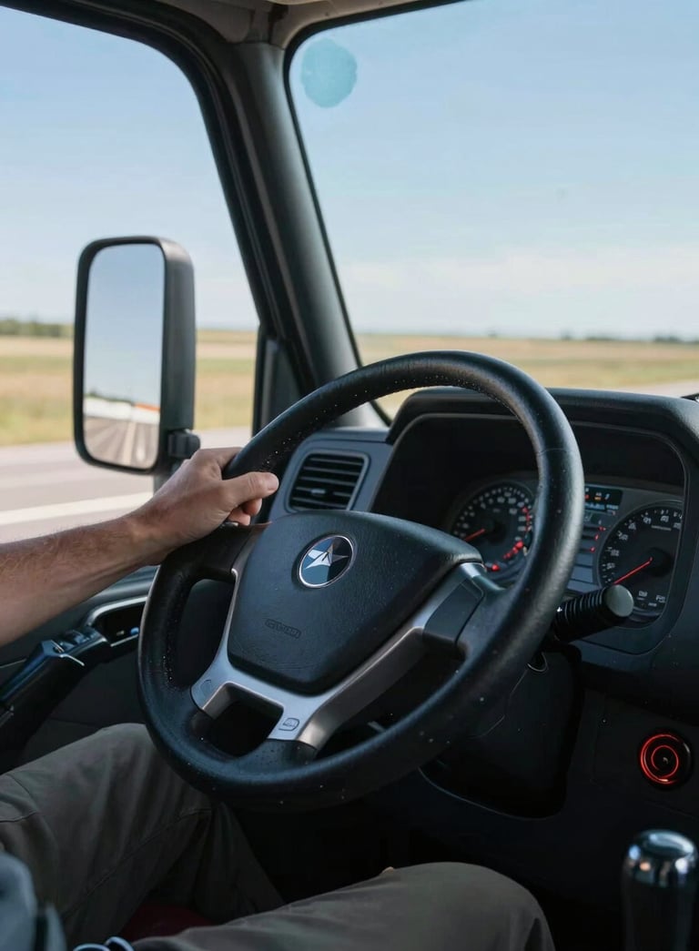 A close-up photograph of a professional driver's hand on a semi-truck steering wheel, driving on a vast North American highway under a clear blue sky, emphasizing reliability and control, using deep navy and steel blue tones.
