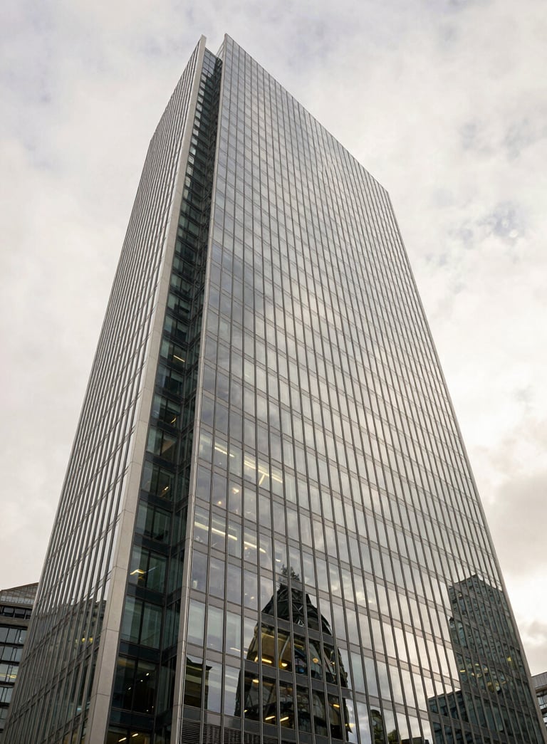 A sophisticated, low-angle shot of a glass skyscraper in London reflecting a soft off-white sky, captured with a clean and professional architectural photography style.