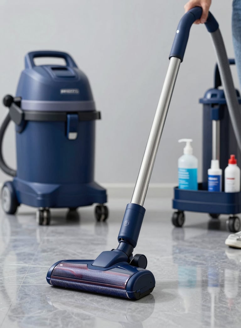 High-end professional cleaning equipment, including a sleek vacuum and organized supplies, arranged on a polished grey floor with reflections of light, incorporating the brand's blue palette (#3F6C7D) for a look of absolute excellence.