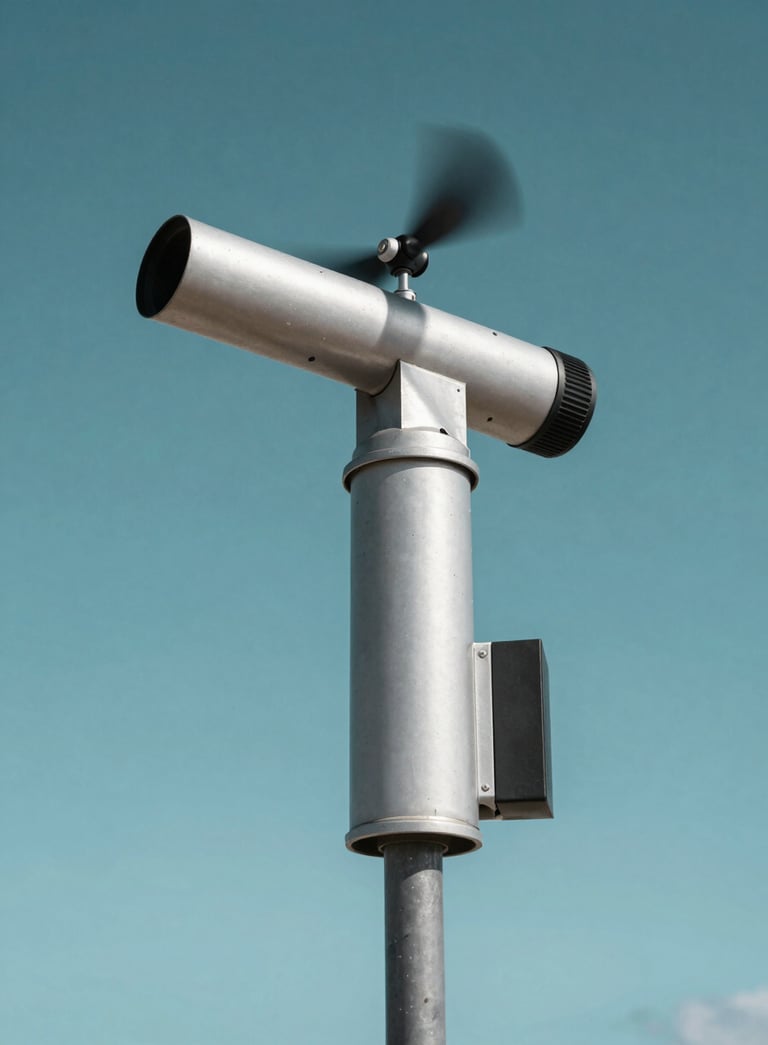 A close-up shot of a high-precision silver anemometer spinning against a clear turquoise sky in a South Pacific coastal setting, professional gear, crisp focus.