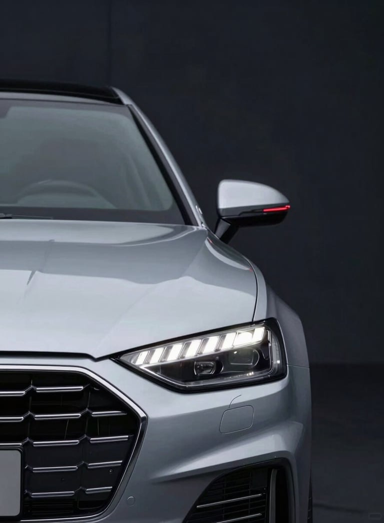 Close-up of a sleek, modern car front grille and headlight in a professional studio setting. The atmosphere is sophisticated and clean. Subtle red light (#A5002C) accents the curves of the vehicle against a deep dark background (#1A1A1A).