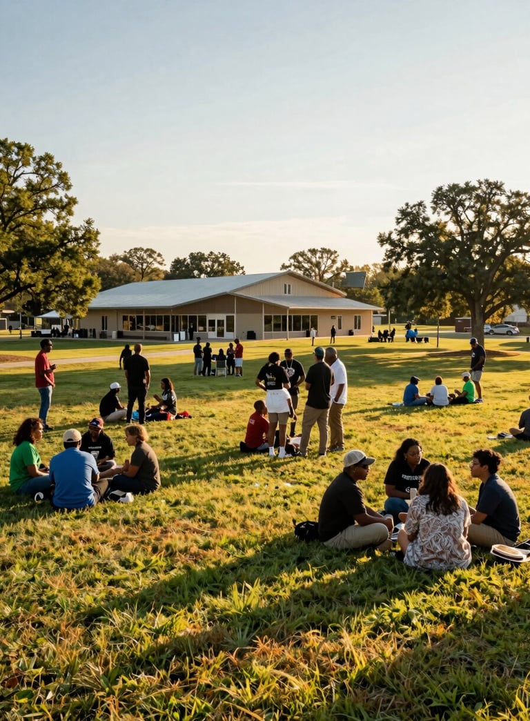 A wide-angle landscape photograph of a community event in a green park in North Tulsa, Oklahoma. People are gathered in conversation with a modern community center in the background. The scene is bathed in warm afternoon sunlight, symbolizing unity and progress. Touches of goldenrod and green appear in the natural environment and local attire.