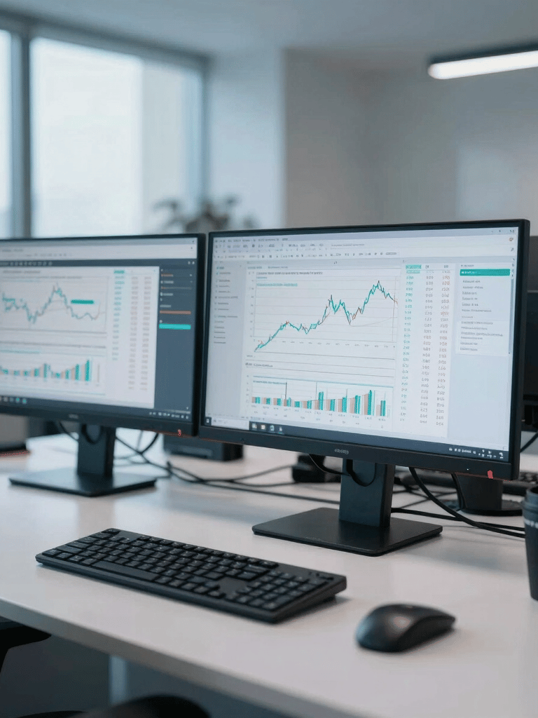 A high-end workstation in a French business district office, with professional monitors displaying financial data, sleek desk accessories, and a soft pale blue lighting atmosphere, sophisticated and modern.