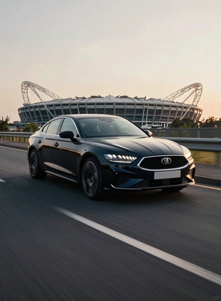 A modern black saloon car driving smoothly along an empty road near Wembley Stadium with the arch visible in the distant background. High-end photography, cinematic evening light, off-white and dark navy tones, European / British context.