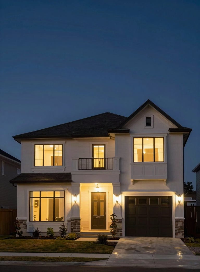 An elegant low-angle architectural photograph of a newly constructed North American / US suburban estate at dusk, glowing warm lights through large glass windows against a dark navy blue sky.