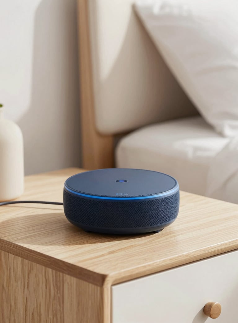 A sleek Echo Dot 5th Generation sitting on a minimalist wooden nightstand in a bright, modern North American / US bedroom. Soft morning light, sharp focus on the device, approachable and high-tech atmosphere using off-white and navy blue tones.