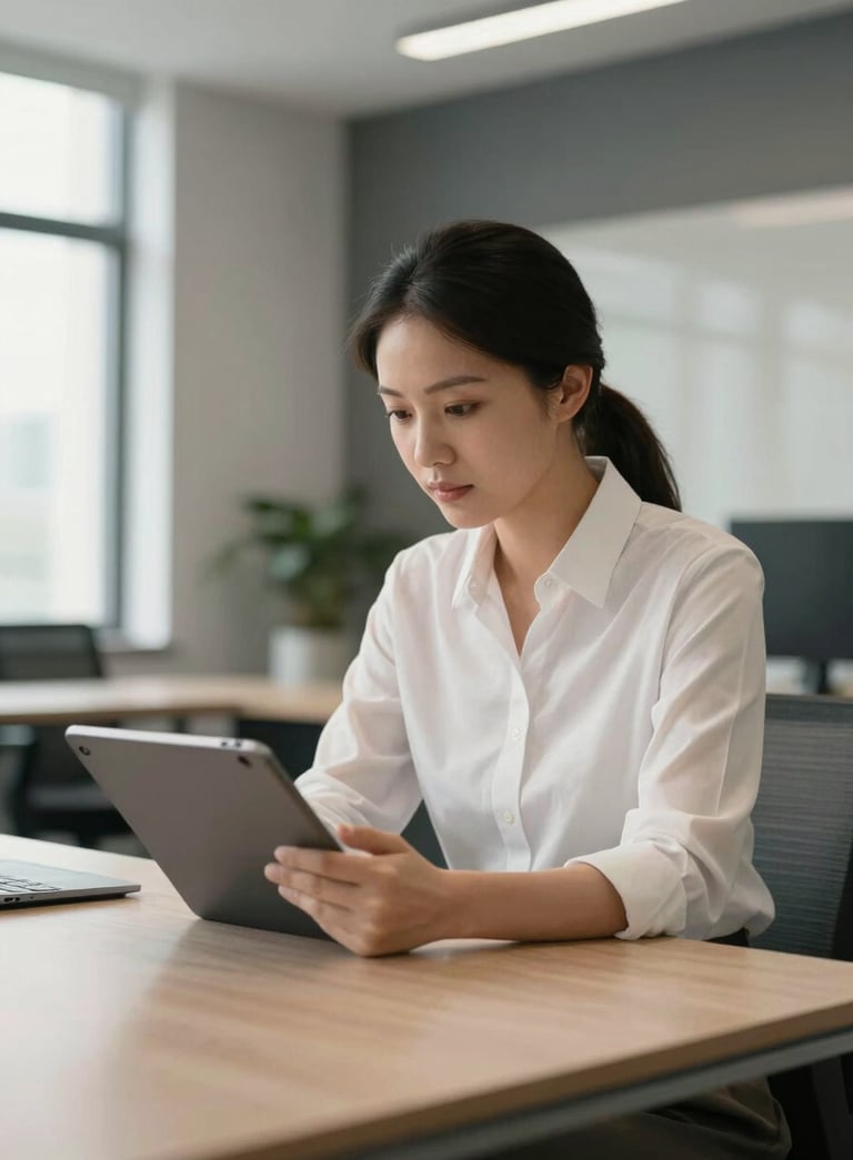 A professional in a modern North American / International office setting, working with a tablet, soft natural lighting with Soft Off-White and Dark Slate Grey accents in the surrounding decor.