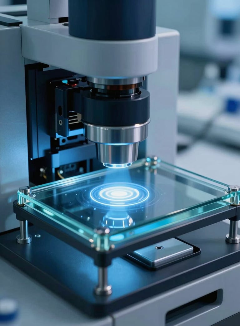 Macro photography of high-tech laboratory equipment used for genomic sequencing, featuring glass surfaces and metallic accents, illuminated by sophisticated dark blue and light blue light in a US research center.