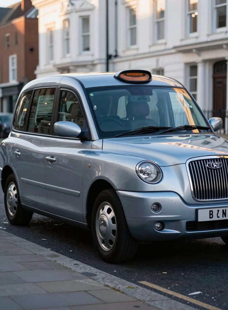 A professional silver taxi parked on a clean British / UK street in Dartford, soft blue and dark navy tones reflecting in the car body, morning light, high-end photography.