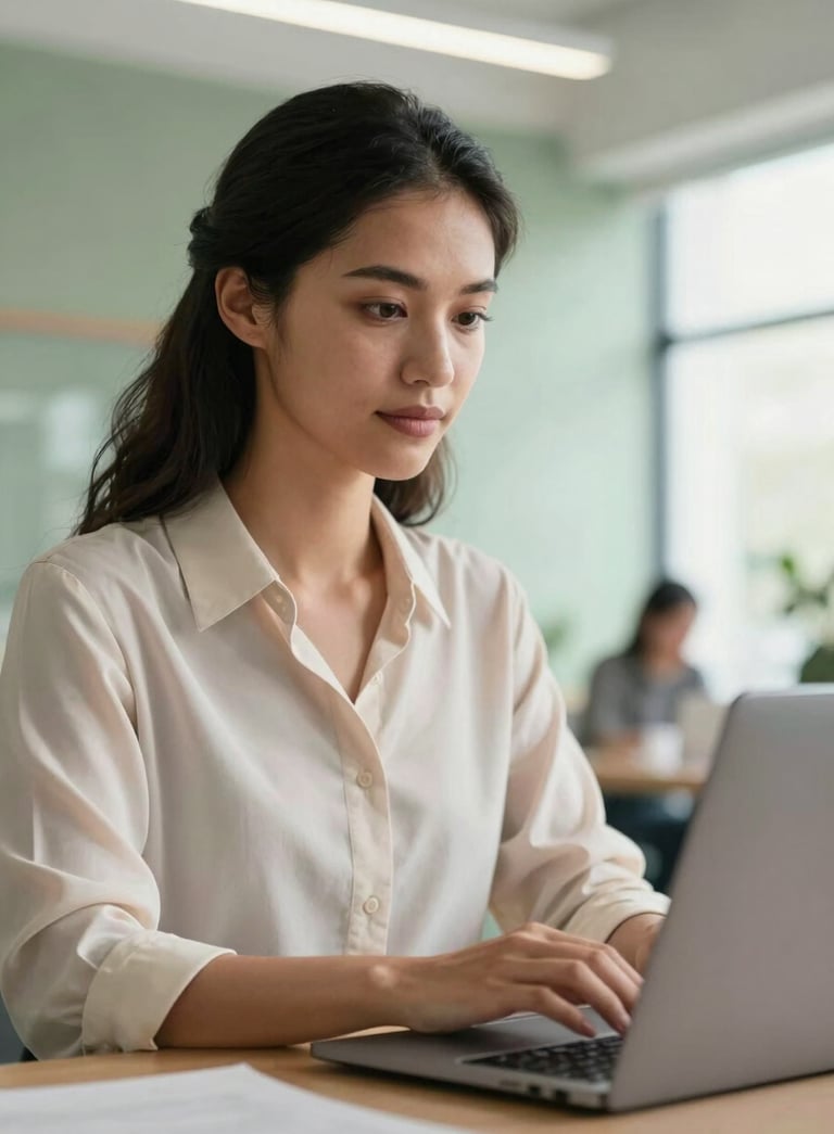 A close-up of a confident professional woman of international background working on a laptop in a brightly lit, modern shared workspace. The aesthetic is clean and high-tech, with soft sage green accents in the background and natural light highlighting her focused expression.