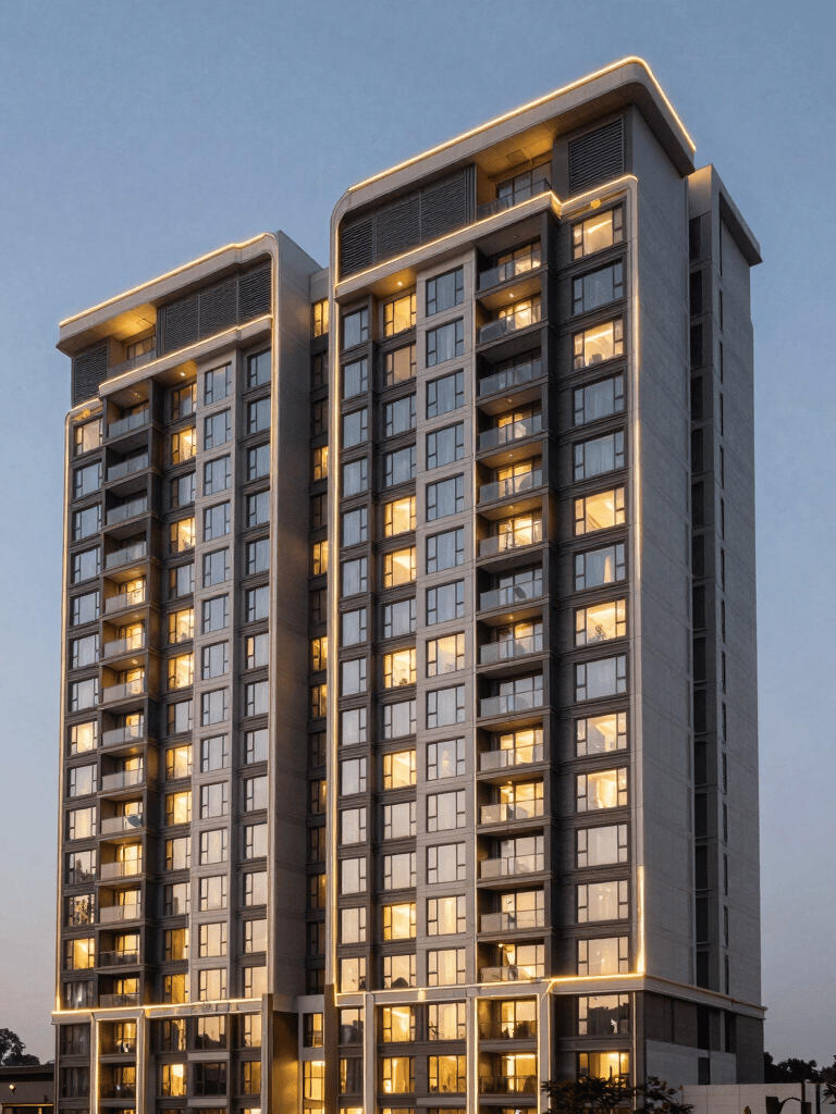 Luxury high-rise residential apartment in Gurugram at dusk, warm lighting from windows, sophisticated urban South Asian architecture.
