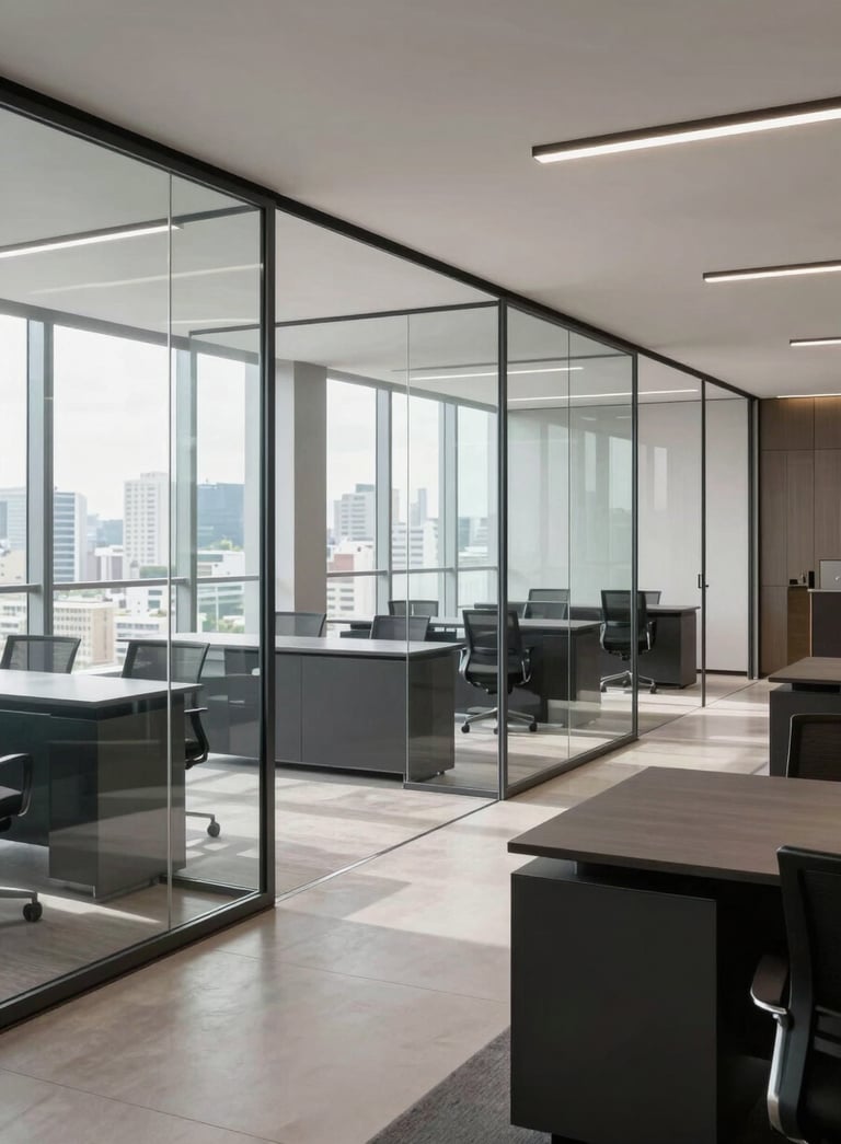 A wide shot of a minimalist and modern executive office in Sao Paulo, featuring high-end glass partitions and sleek charcoal furniture, bright natural light, South American / Brazilian corporate environment, professional atmosphere.