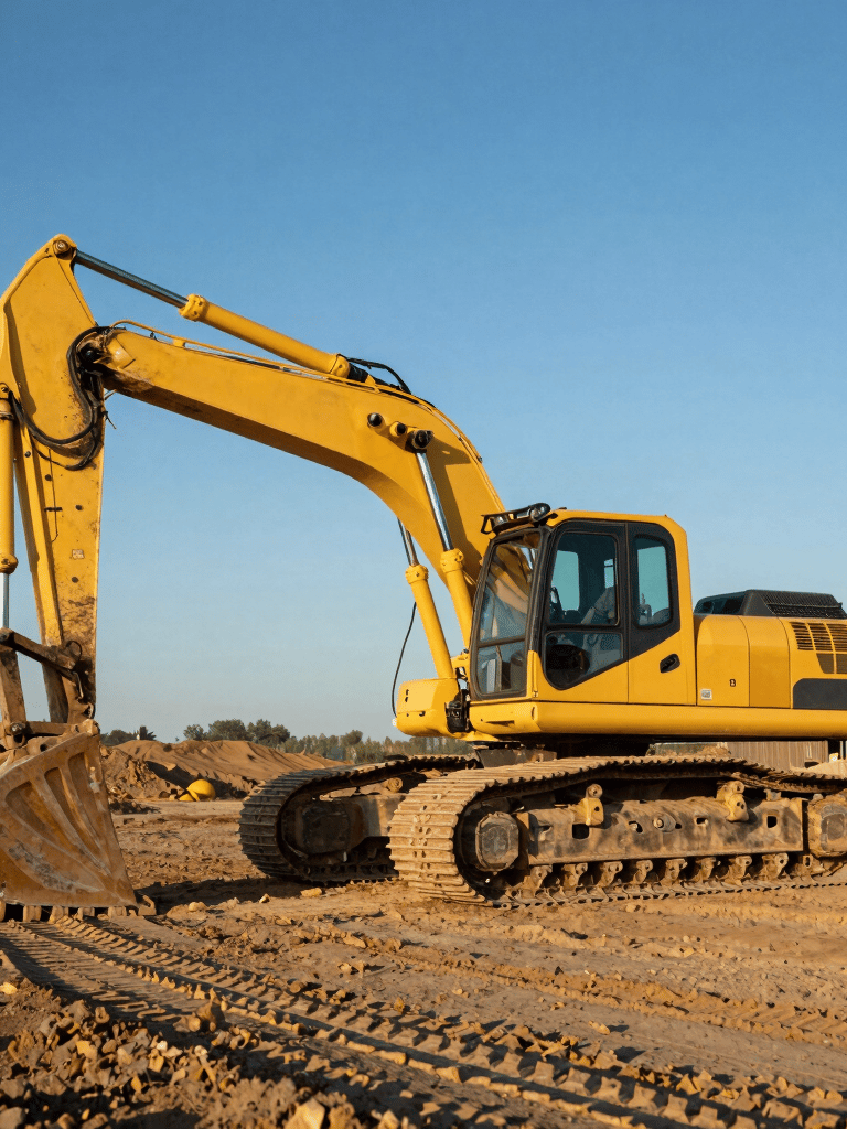 A wide-angle landscape photograph of a large, modern yellow excavator parked on a graded North American construction site. The sky is a clear steel blue, and the ground shows crisp tread marks. The lighting is bright morning sun, emphasizing professional efficiency and clean machinery.