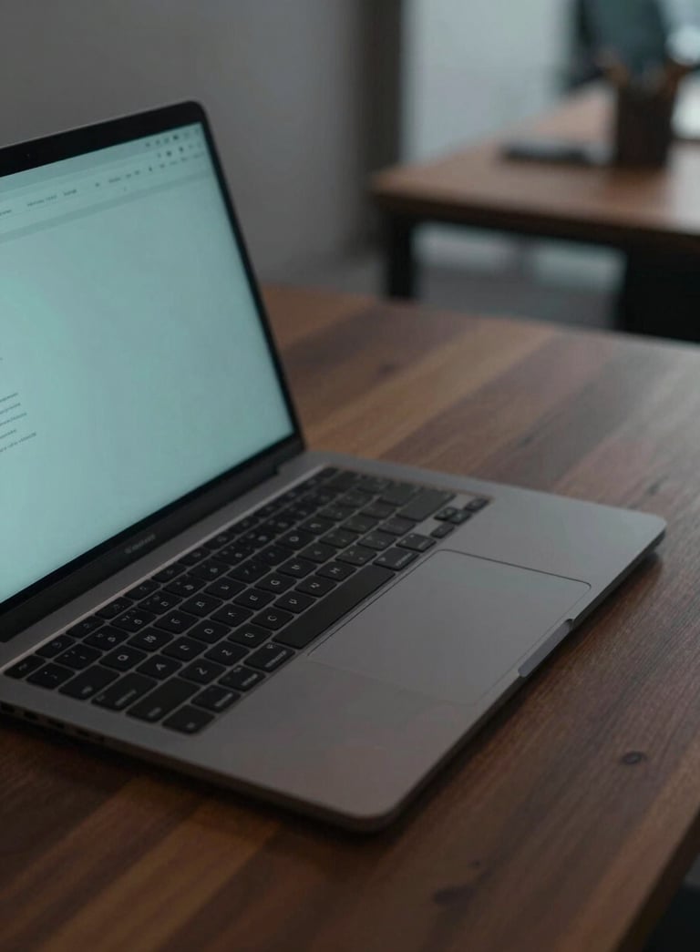 A close-up shot of a high-end laptop with a charcoal black finish on a dark wooden desk. A subtle modern teal glow emanates from the screen, illuminating a minimalist workspace in a sleek urban office environment.