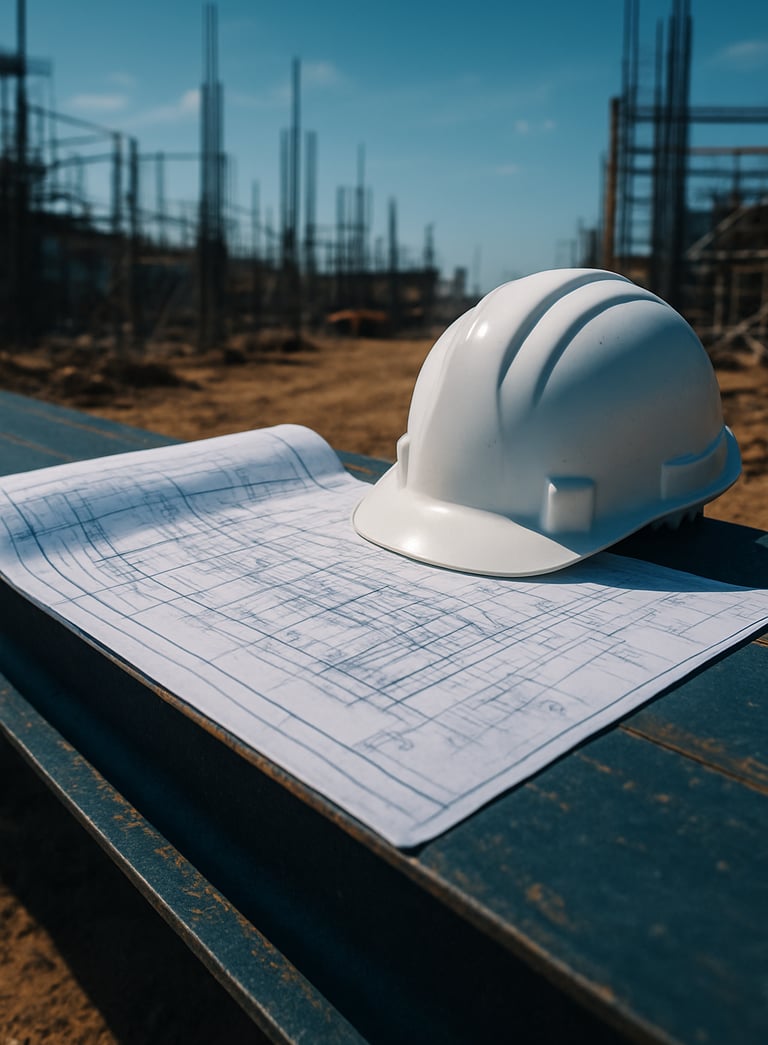 A close-up of professional engineering blueprints laid out on a steel construction beam, with a safety helmet resting nearby, bright midday sun, South American construction site context, dusty blue and dark navy tones.
