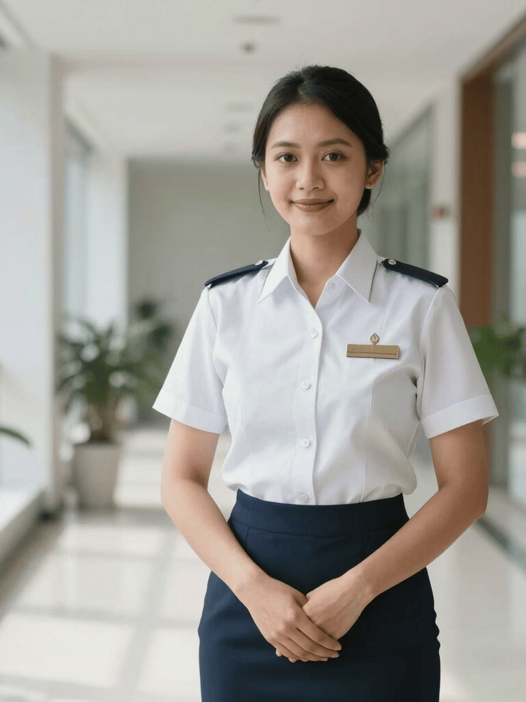 Professional South East Asian / Indonesian office manager in a crisp uniform standing in a bright, modern corporate corridor, soft natural lighting, high-end commercial photography style.