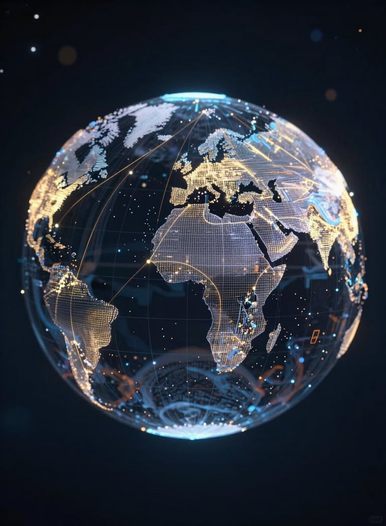 A digital representation of a holographic globe connecting major cities with golden lines. Cinematic lighting, deep space #0A0A1A aesthetic with #F7F9FA stars and #B8A066 data nodes.