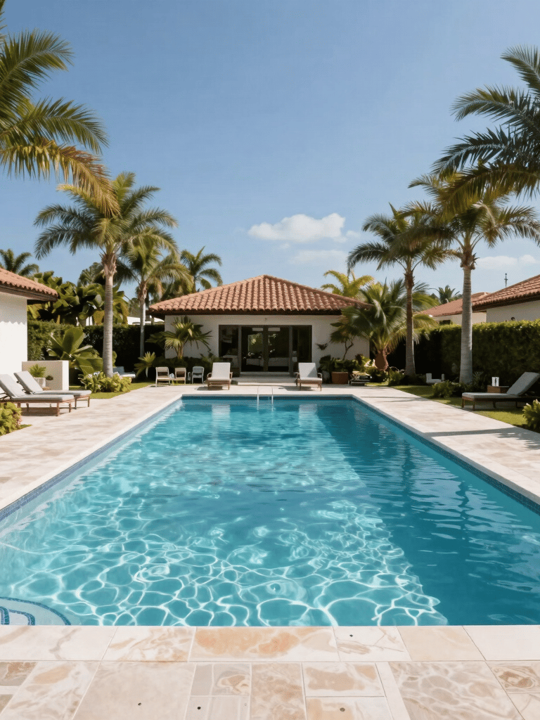 An expansive wide-angle photograph of a pristine, luxury residential swimming pool in a South Florida backyard, surrounded by palm trees and clear blue sky.