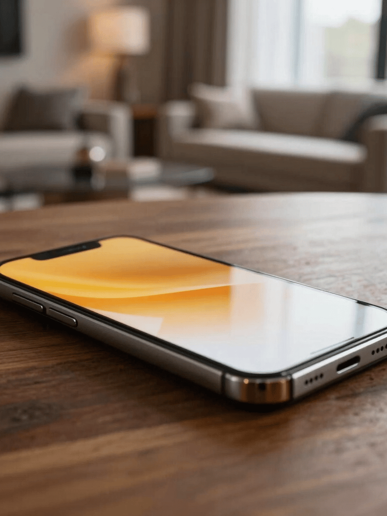 A crisp close-up photograph of a modern smartphone resting on a wooden table in a stylish South American apartment. The phone screen is glowing with vibrant amber and white light, reflecting on the surface. The background shows a beautifully lit, sophisticated living room with soft bokeh, conveying quality and a modern lifestyle.