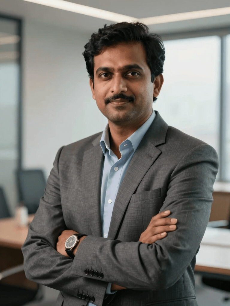A professional portrait of a confident financial advisor in a modern office in Mumbai, South Asian setting, soft natural lighting, capturing a sense of trustworthiness and expertise.