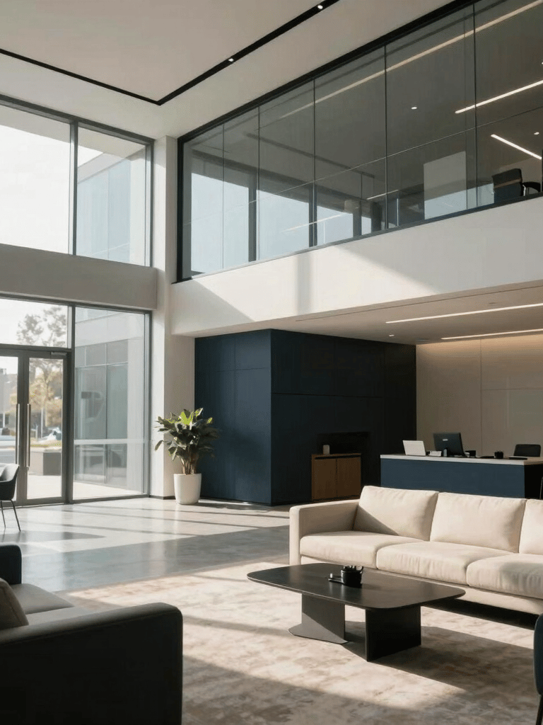 A wide-angle, cinematic photograph of a bright, modern North American office lobby with minimalist furniture and glass walls, soft morning light hitting high-tech architectural details, palette of dark navy and off-white.