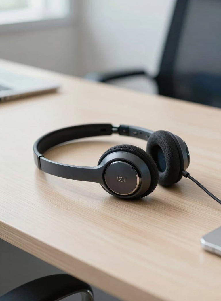 A high-quality close-up photograph of a modern professional wireless headset resting on a clean, light wood office desk in a bright South American office. The background is softly blurred showing a hint of a modern business environment with a color palette of off-white and dark blue.