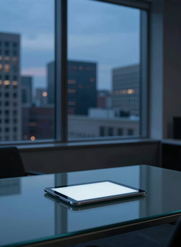 A minimalist, modern office in a North American city at dusk. A glowing digital tablet sits on a glass desk, reflecting dark blue and medium blue ambient light from a large window. Sharp focus, professional lighting.
