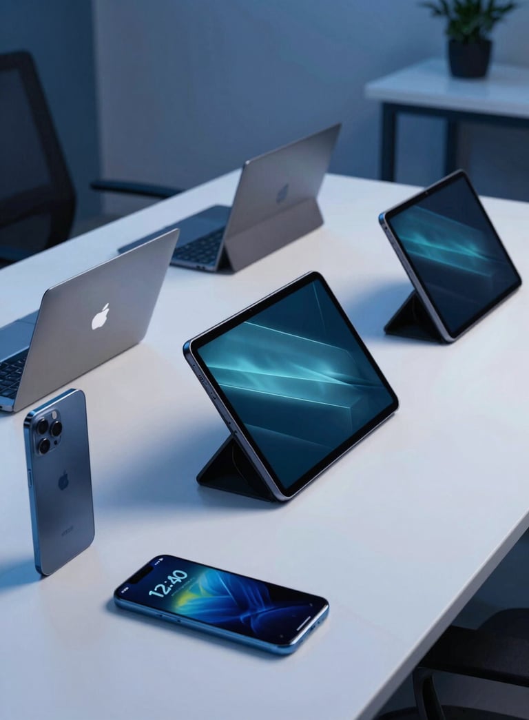 A clean, modern North American / US tech studio desk featuring multiple high-end Android tablets and smartphones. Soft light blue and deep blue lighting illuminates the sleek hardware in a professional setting.