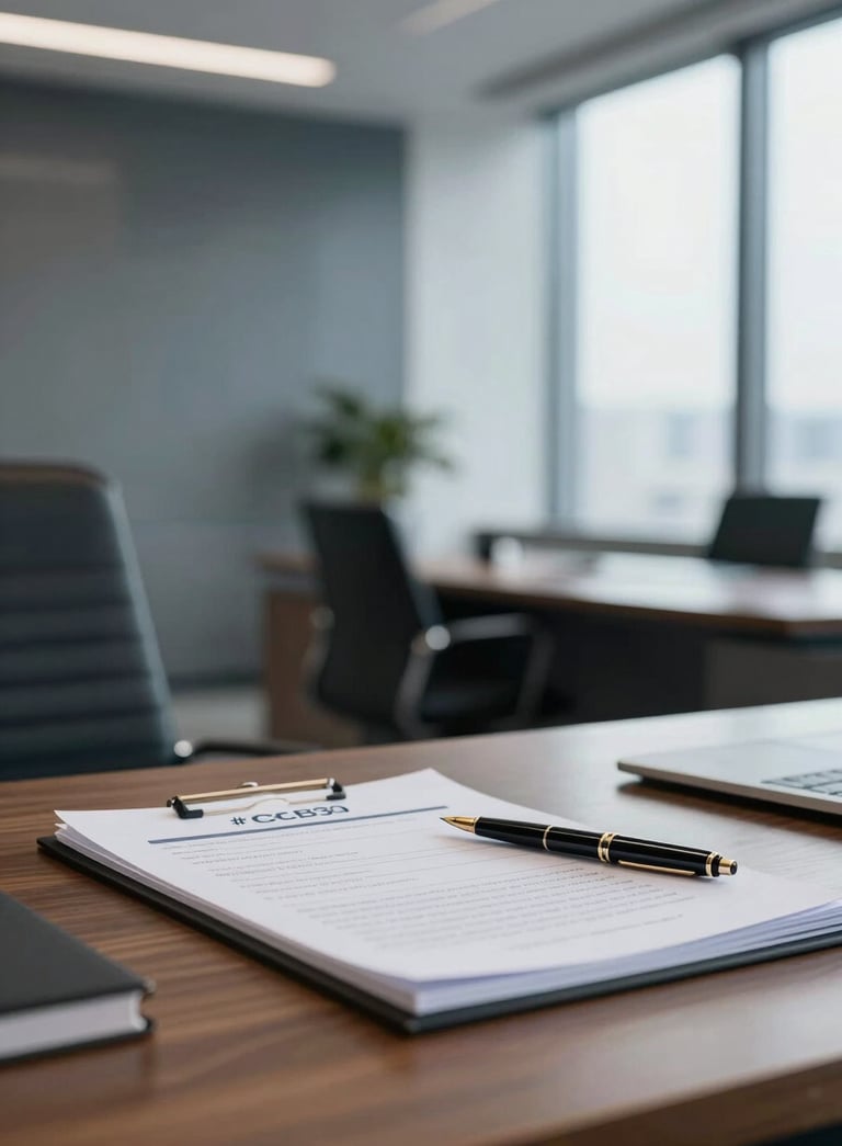 A high-end modern office interior featuring a polished wood desk with a fountain pen and professional documents. The atmosphere is calm and sophisticated with natural light filtering through large windows. Subtle accents of #1C2B3C and #3F6C8A appear in the office decor.