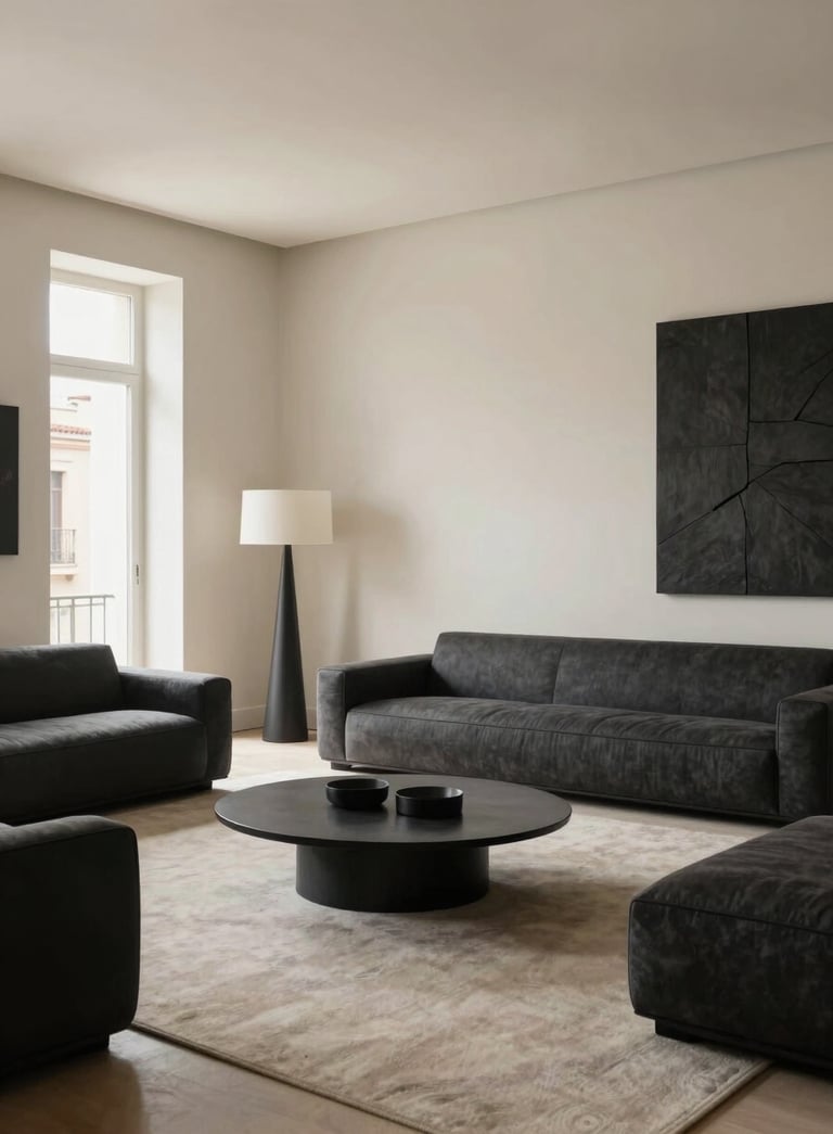 A wide-angle professional photograph of a minimalist luxury living room in a Southern European / Spanish (Madrid) apartment, featuring charcoal accents and creamy off-white walls with natural light.