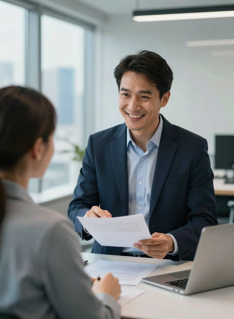 A professional insurance consultant in a modern Istanbul office, smiling warmly while explaining a document to a young couple, professional attire, soft focus background with city skyline, light blue and navy blue accents in the decor.