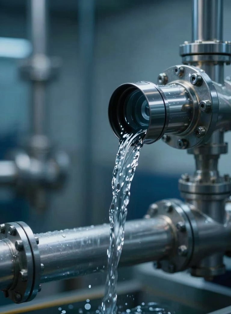 A close-up of high-quality purified water flowing from a modern industrial pipe, reflecting soft light, deep blue and mist color tones, professional engineering context, North American / International.