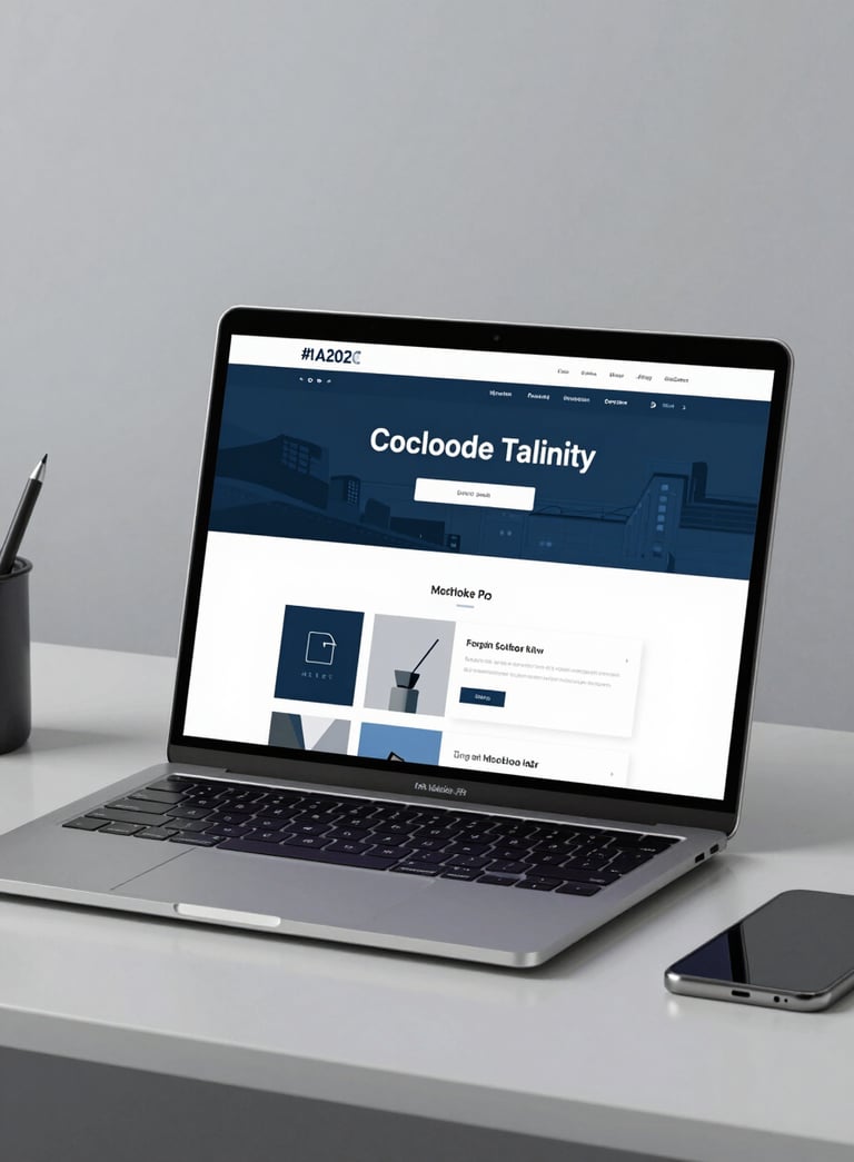 A high-end, minimalist desk setup featuring a MacBook Pro displaying a sophisticated corporate website landing page. The lighting is crisp and professional, with a cool-toned color palette of #1A202C and #3A607C in the background and UI elements.