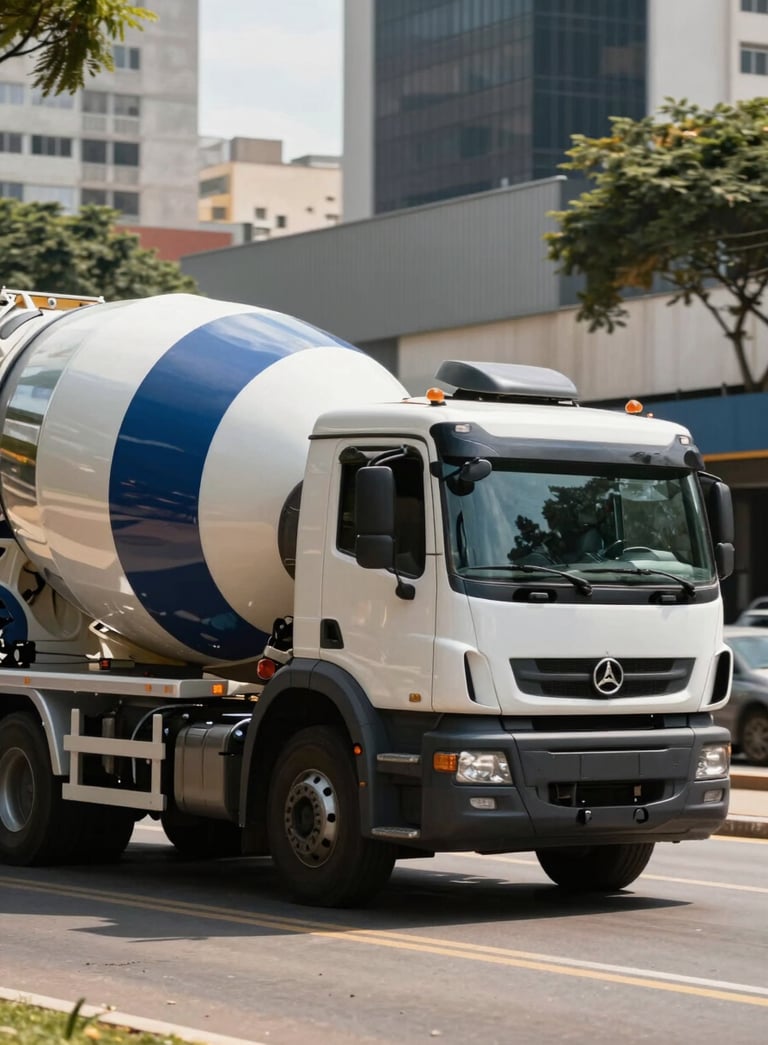 A professional concrete mixer truck with a polished cloud white and dark charcoal blue exterior, driving through a modern street in a South American / Brazilian city like Brasília. Sharp focus on the vehicle, bright morning lighting.