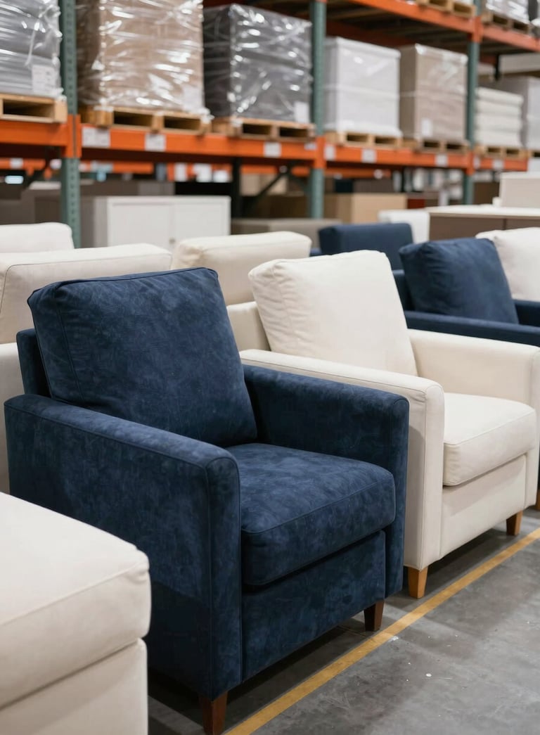 A high-end, bright photography of a professional wholesale warehouse in a Western European / Dutch industrial area. The space is filled with neatly stacked, modern household furniture. The lighting is crisp, highlighting deep navy blue and off-white tones.