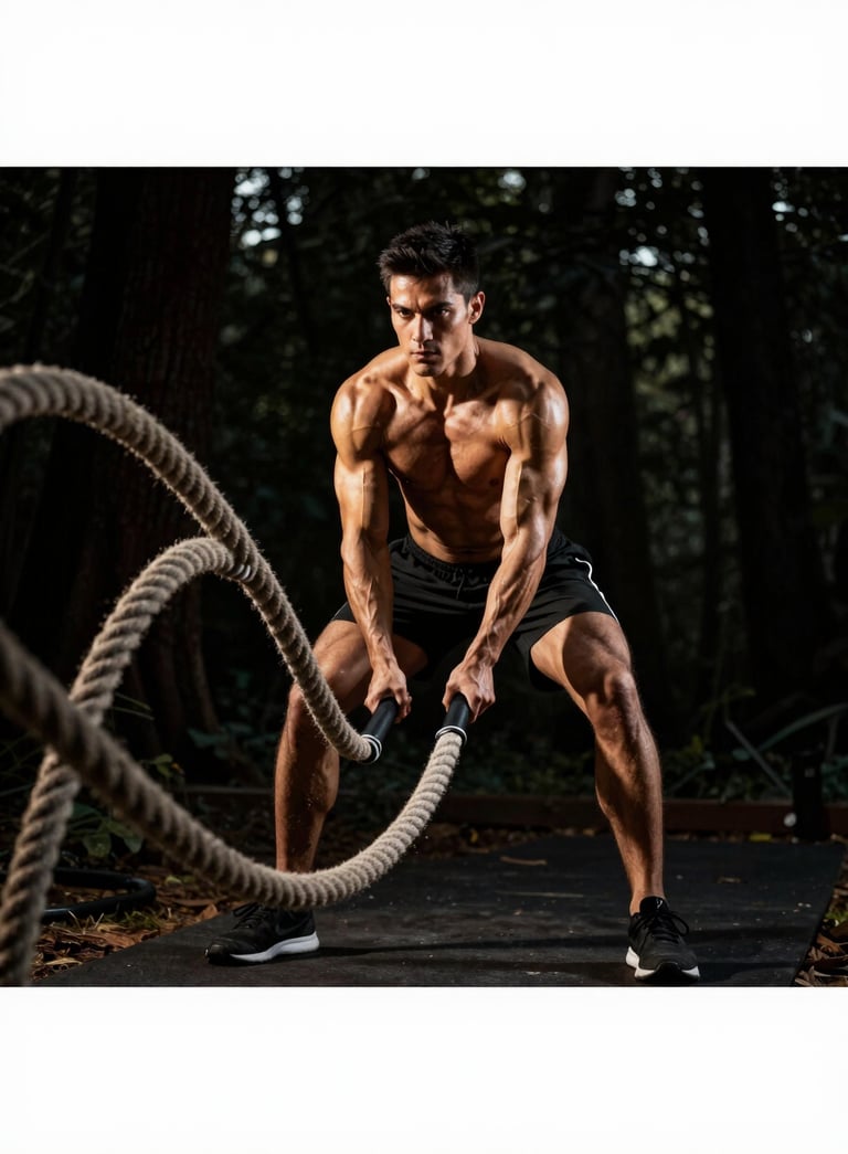 A powerful, atmospheric shot of a professional athlete training with heavy ropes in a dark forest. Dramatic low lighting highlights muscle definition with gold tones against a dark charcoal background.