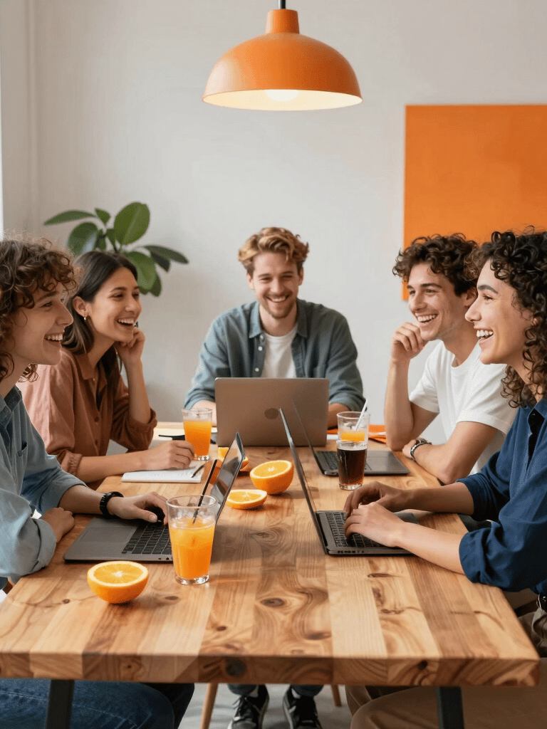 A candid photograph of a vibrant young design team collaborating in a bright North American / US creative loft. They are laughing around a natural wood desk with fresh orange slices, iced drinks, and laptops, surrounded by modern cream decor and energetic orange studio accents.