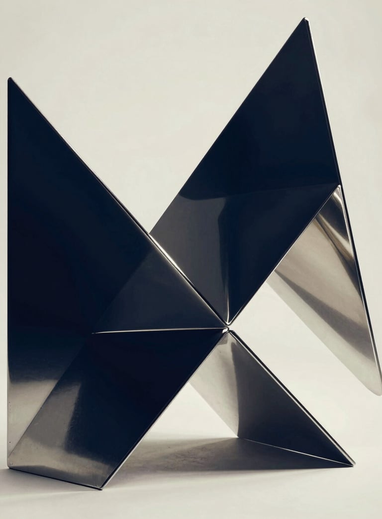 A minimalist and professional abstract representation of connectivity, featuring polished silver geometric shapes reflecting a dark blue and off-white environment, high-end studio lighting.