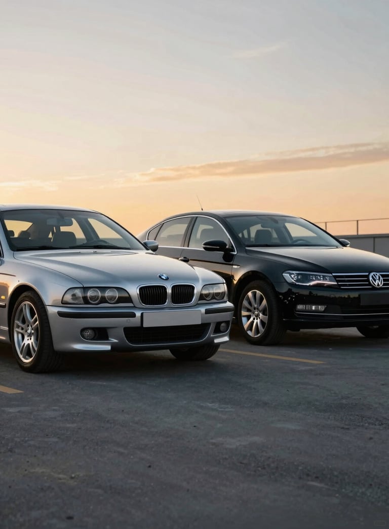 A professional and modern composition featuring a silver BMW E39 and a black VW Passat B6 parked together. The setting is a clean, asphalt urban space during sunset, with warm lighting highlighting the car shapes. The brand's professional mood is captured through sharp focus and clean lines, incorporating #0A1128 and #F8C64F in the sky and ground reflections.