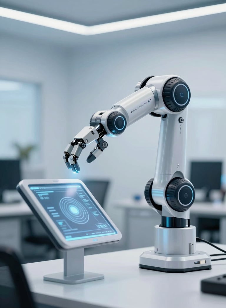 A sleek, professional photograph of a futuristic robot arm interacting with a transparent digital display. The lighting is crisp and cool, featuring light blue and white tones. Central European office setting in the background.