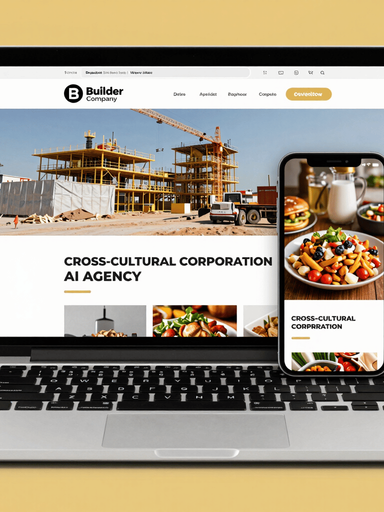 A vibrant image showing a laptop screen with a web design portfolio featuring construction, restaurants, and retail projects.