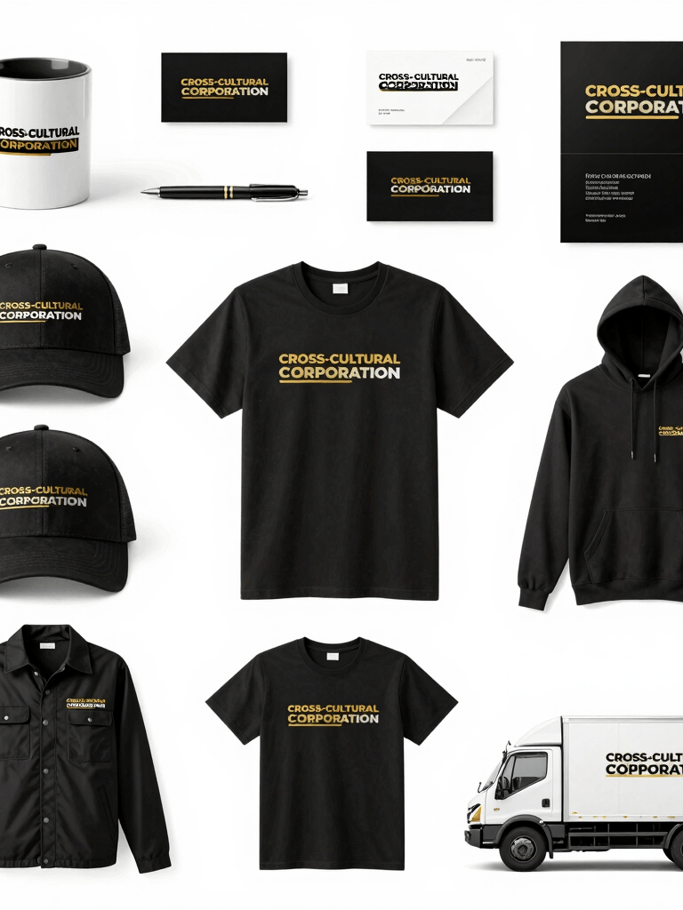 A dynamic video-style image showcasing a variety of business branding items like custom logos on mugs, shirts, and stationery arranged creatively.
