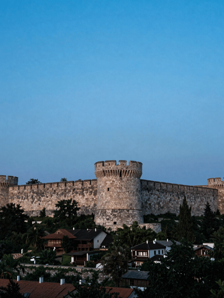 A wide-angle professional photograph of the Belgrade Kalemegdan fortress at dusk, soft light blue and steel blue sky, Eastern European / Balkan, with South Asian / Southeast Asian focus, cinematic composition.