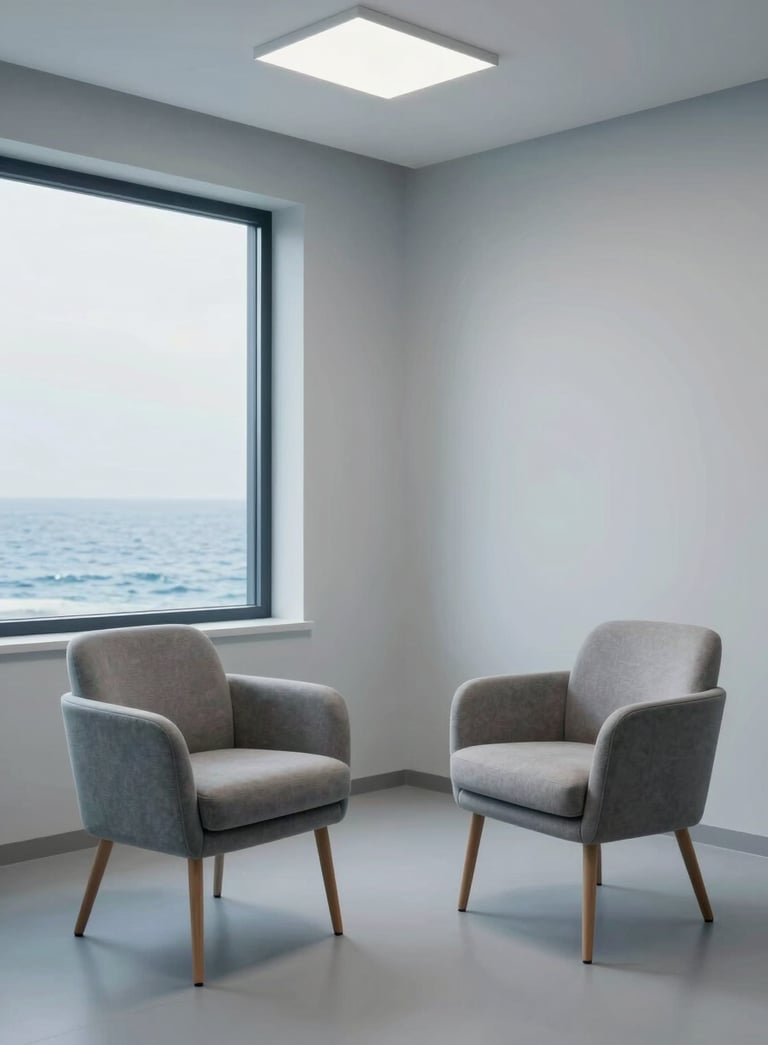 A clean, minimalist photography of a modern Western European / French consultation room with two comfortable chairs facing each other, large windows, ocean blue accents and pale frost grey walls, empathetic and professional lighting.