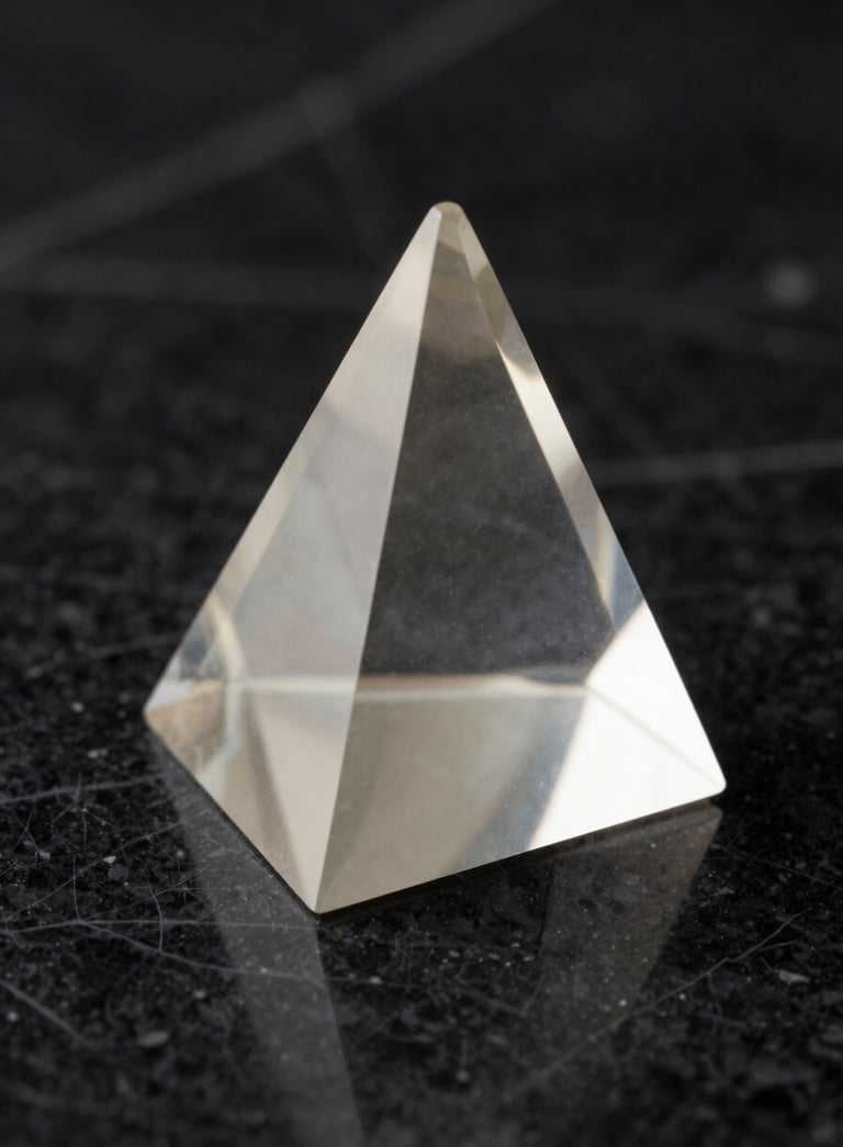 A macro photograph of a sleek, high-end crystal prism on a black marble surface, refracting soft off-white light, symbolizing visionary insight.