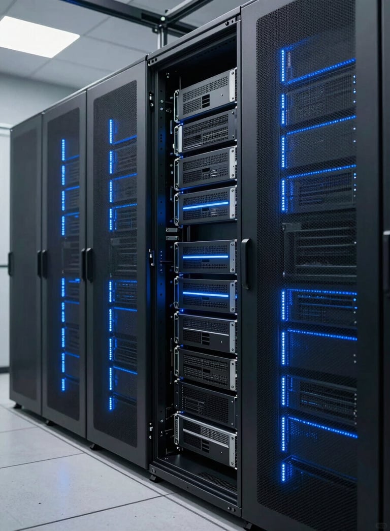Photography of a high-end data center corridor with sleek server racks and primary blue accent lighting, emphasizing modern professionalism and cutting-edge technology in a North American / International Business environment.