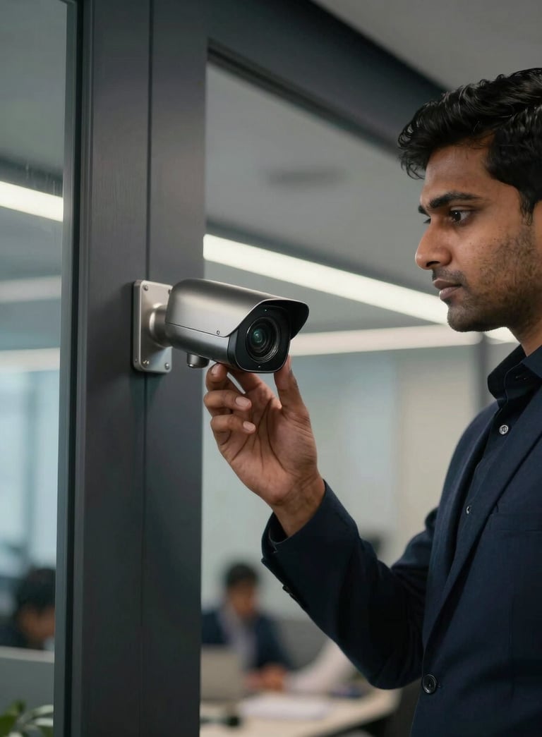A professional in a modern South Asian / Indian office setting installing a sleek CCTV camera, deep navy and muted steel tones, high-tech vibe, cinematic lighting.