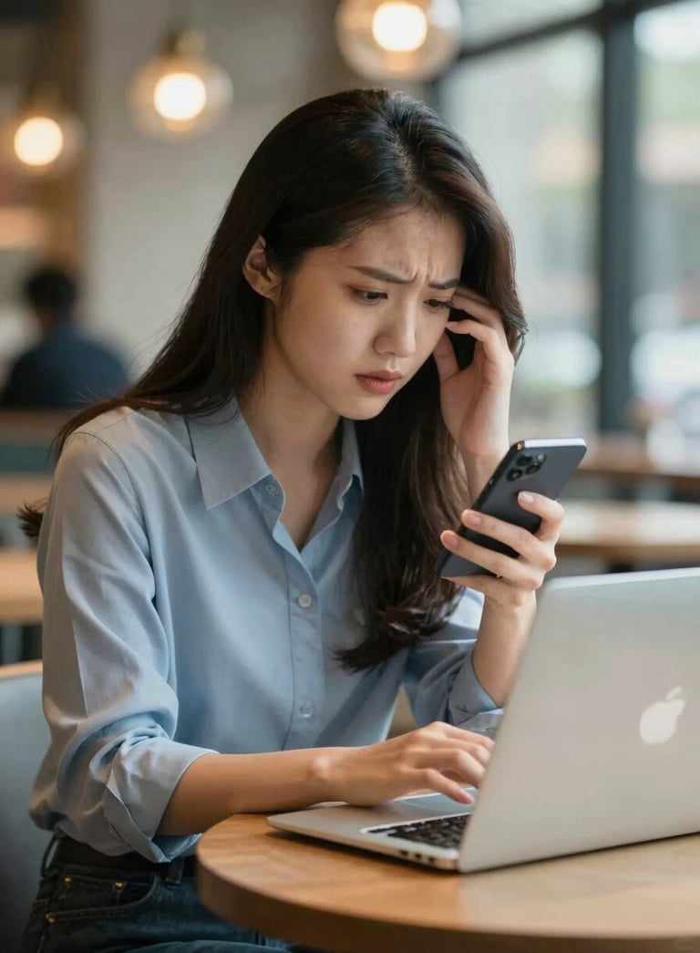 A pretty young Asian woman entrepreneur sitting in a stylish cafe, looking stressed and overwhelmed while holding her phone and typing on a laptop, soft warm lighting, #C4A5A8 and #F5F3F2 color tones.