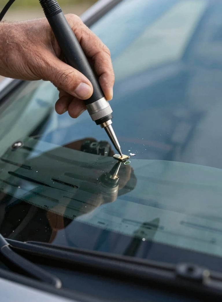 Professional photography of a technician's hand using a precision resin tool to repair a small chip in a car windshield, sharp focus on the glass, reflecting a clear blue North American sky and distant mountain peaks.